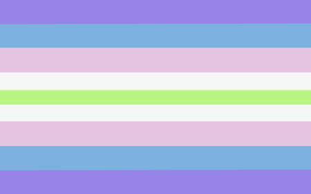 A flag with nine stripes. Colors are as follows: purple, light blue, light pink, white, green, white, light pink, light blue, purple. The white stripes are smaller than the rest, and the green stripe is even smaller than that.